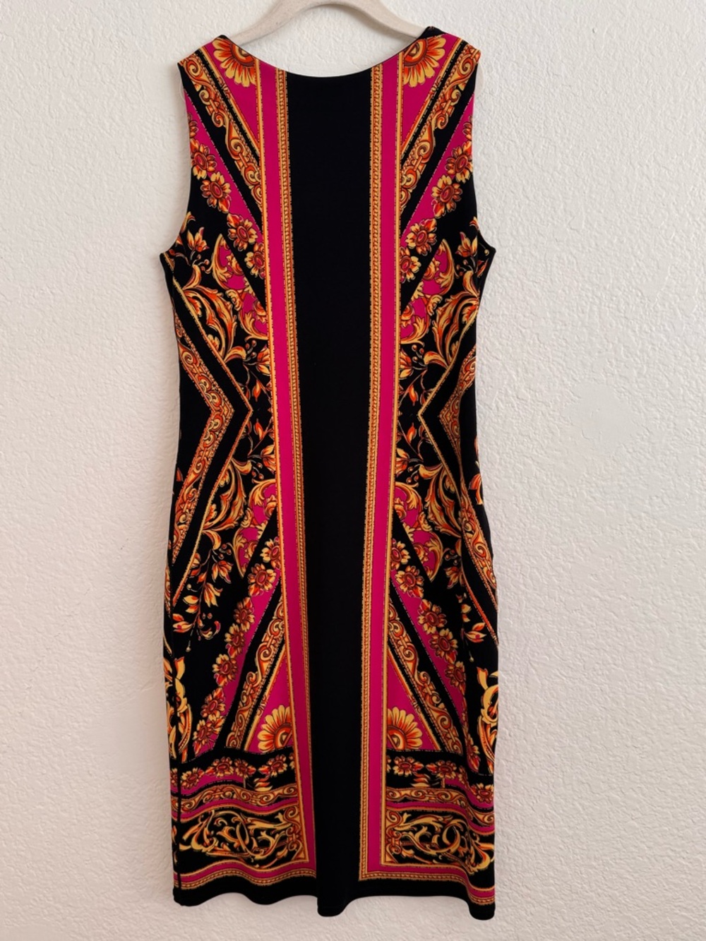 eva varro Black Midi Dress with Fuchsia and Gold Baroque Stripes